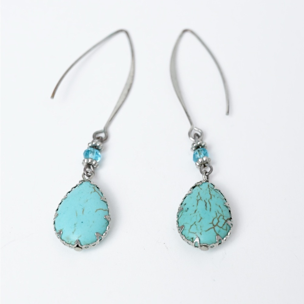Turquoise and Silver Teardrop Earrings with metal accents